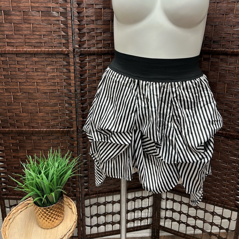 Lime Black and White Striped high/low Satin draped skirt elastic waistband